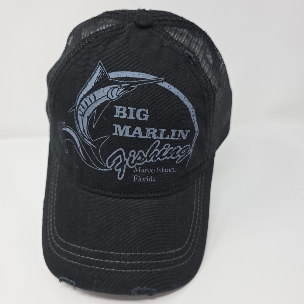 Big Marlin Fishing Hat OS Marco Island Florida Graphic Mesh Trucker Cap Black